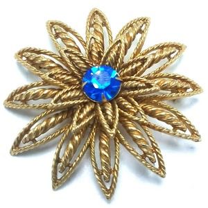 Vintage Signed CATHE Goldtone Green Rhinestones FLOWER Shape Pin Brooch